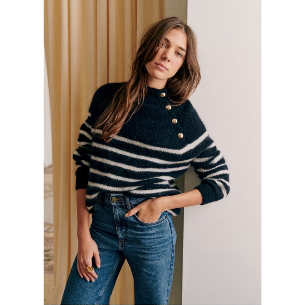 SEZANE Navy Blue & White Striped Alpaca Wool Sweater Fuzzy Preppy Trudy Jumper - Picture 16 of 16
